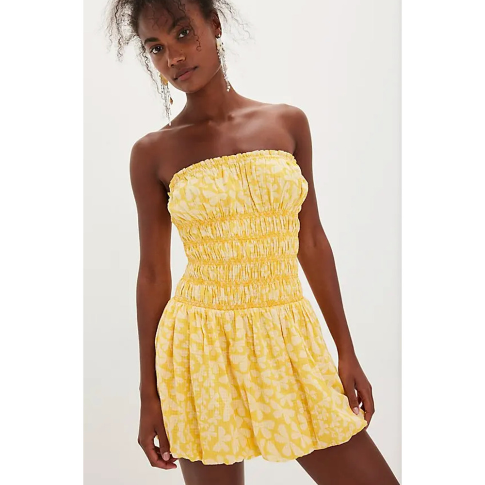 NEW FREE PEOPLE YELLOW BEACH BALL COMBO ANNALISE STRAPLESS MINI DRESS SZ S